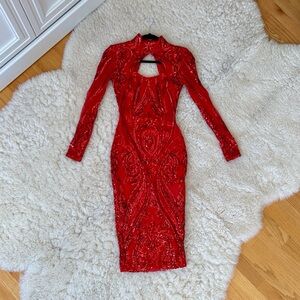 Elegant Red Sequin Keyhole Dress Size S
